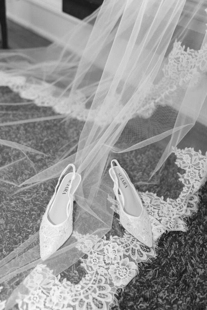 Bridal accessories including shoes, jewelry, and perfume.