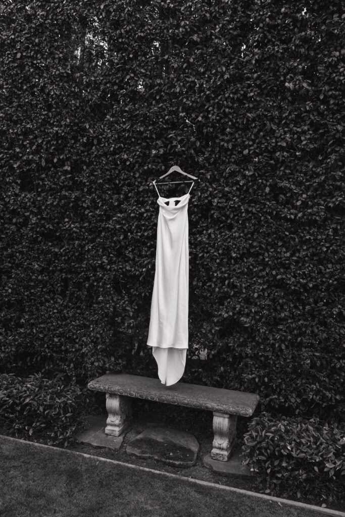Wedding dress hanging before the ceremony.